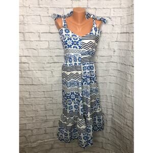 BELLAMBIA Dress Size M 97% Cotton Blue Floral White Shoulder Ties Made in Italy